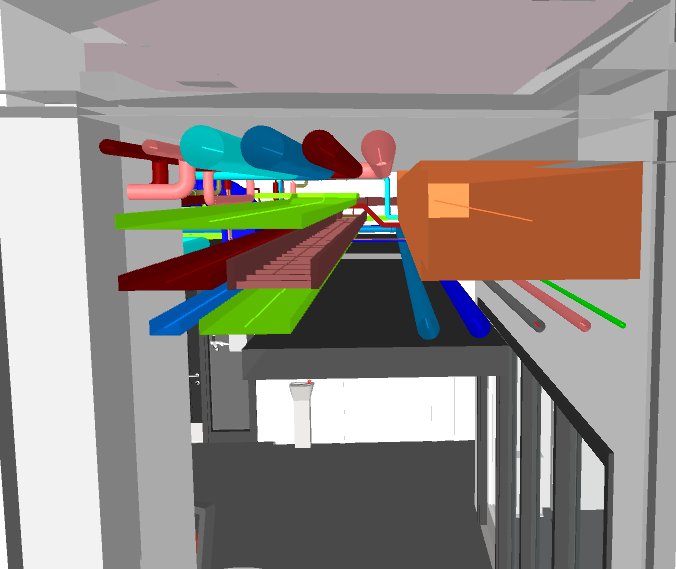 Healthcare MEP BIM coordination — hospital corridor ceiling void with clash-free services
